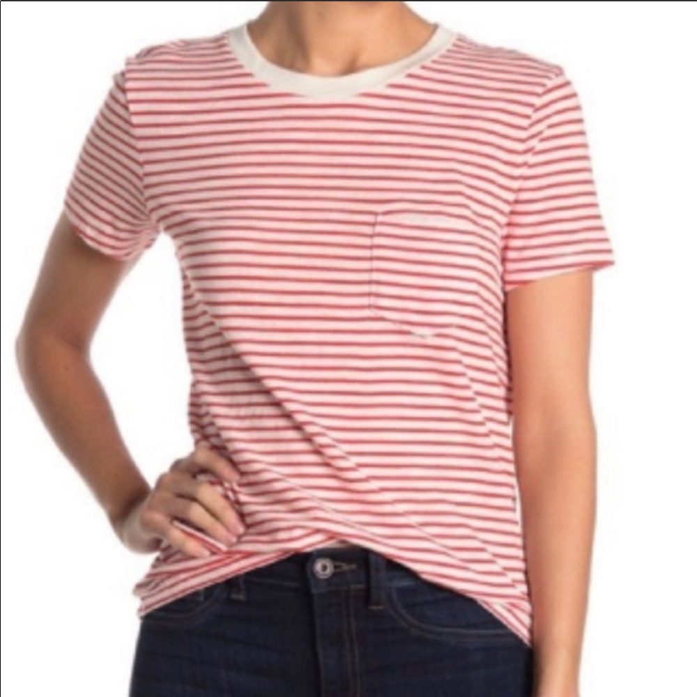 Madewell Red Stripe Crewneck Cotton Pocket Tee T-Shirt NEW!